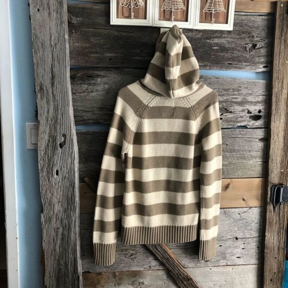 BLUENOTES size Large Tan striped, hooded sweater with front pocket - Picture 3 of 5